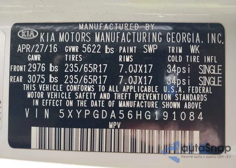 2017 Kia Sorento 3.3L Lx z USA, uszkodzony, nr VIN 5XYPGDA56HG191084